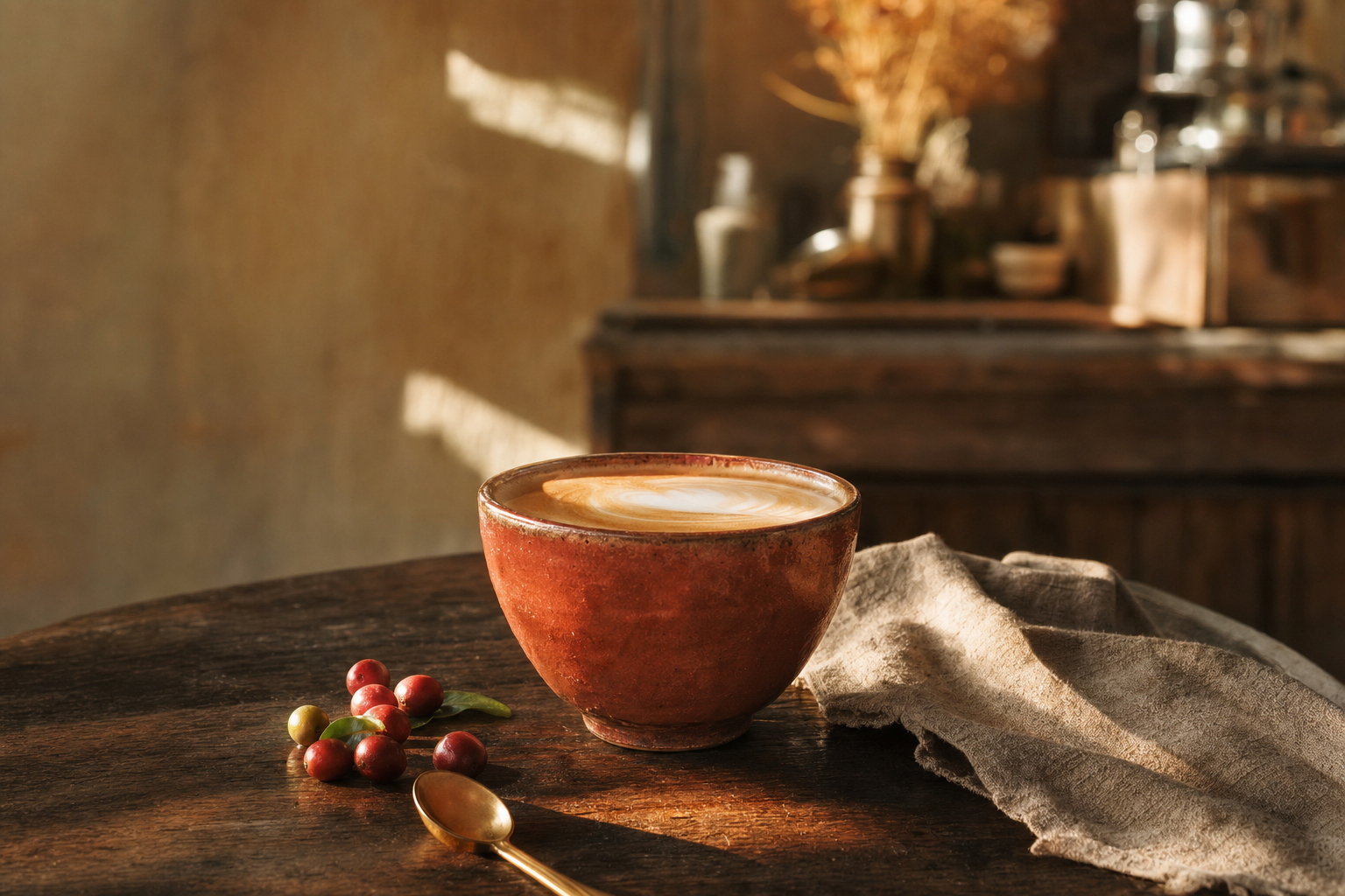 A rust-red ceramic cup of coffee on a sunlit wooden café table